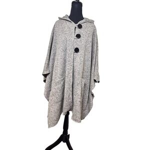 Womens Hooded Cape Poncho Soft Marled Knit Button Front Shawl Wrap One Size